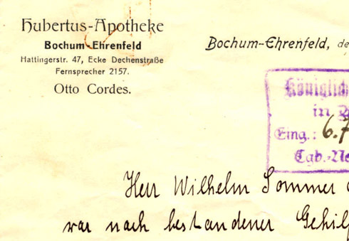 Zeugnis, ausgestellt vom Apotheker Cordes 1922